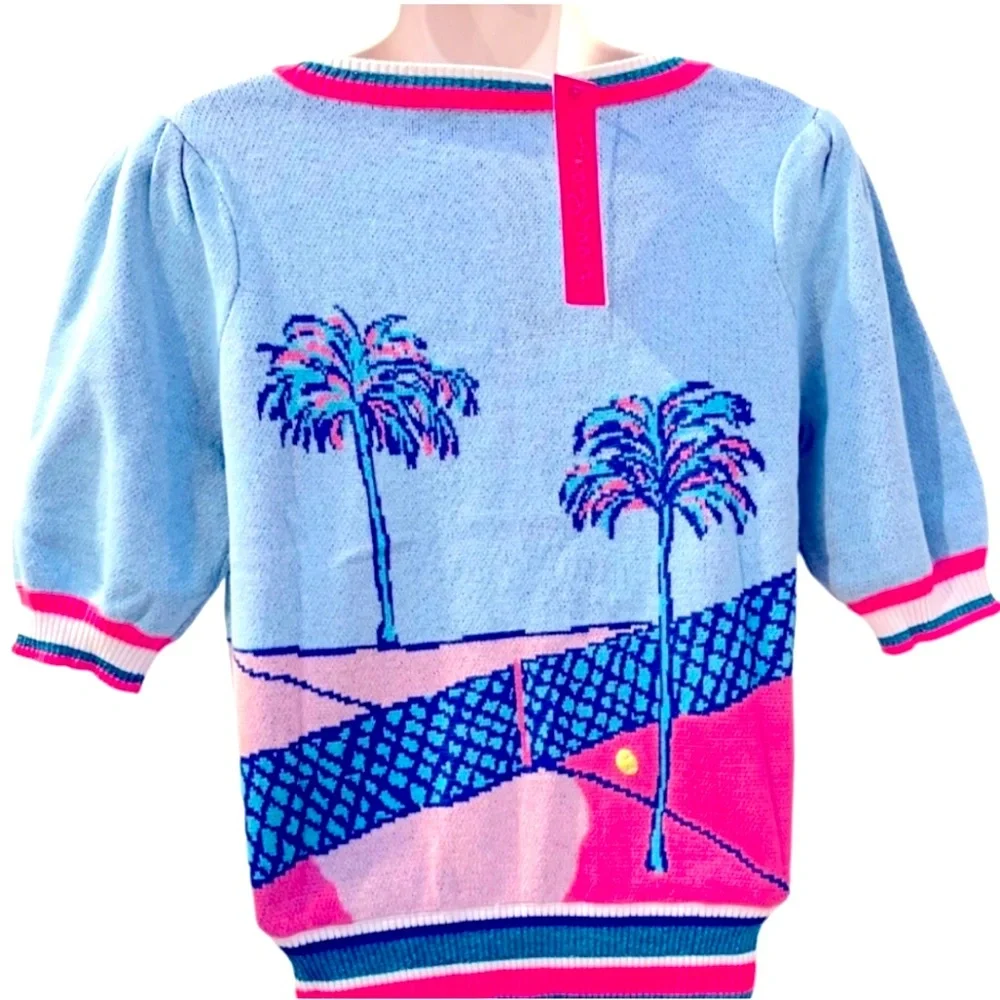 LRare Lilly Pulitzer Vivie Short Sleeve Tennis Graphic Sweater Palm Tree..
